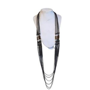 Boho style silver tone and wood bead long layered chain necklace